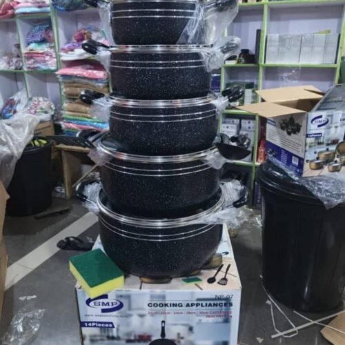 NP07. 14pcs non stick pots 
5 pots/1 frying pan/2 non stick spoon/1 sponge.