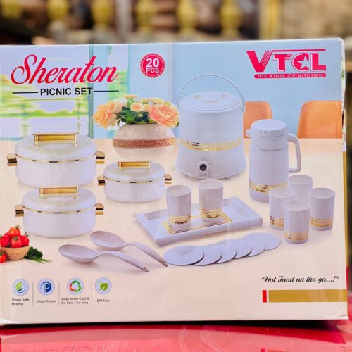 20pc Vtcl Sheraton set 

Sheraton hot pot - 3
Water jug 6L - 1
Glass cups - 6
Tea coaster - 6
Serving tray - 1
Serving spoon - 2
Flask (1L) - 1