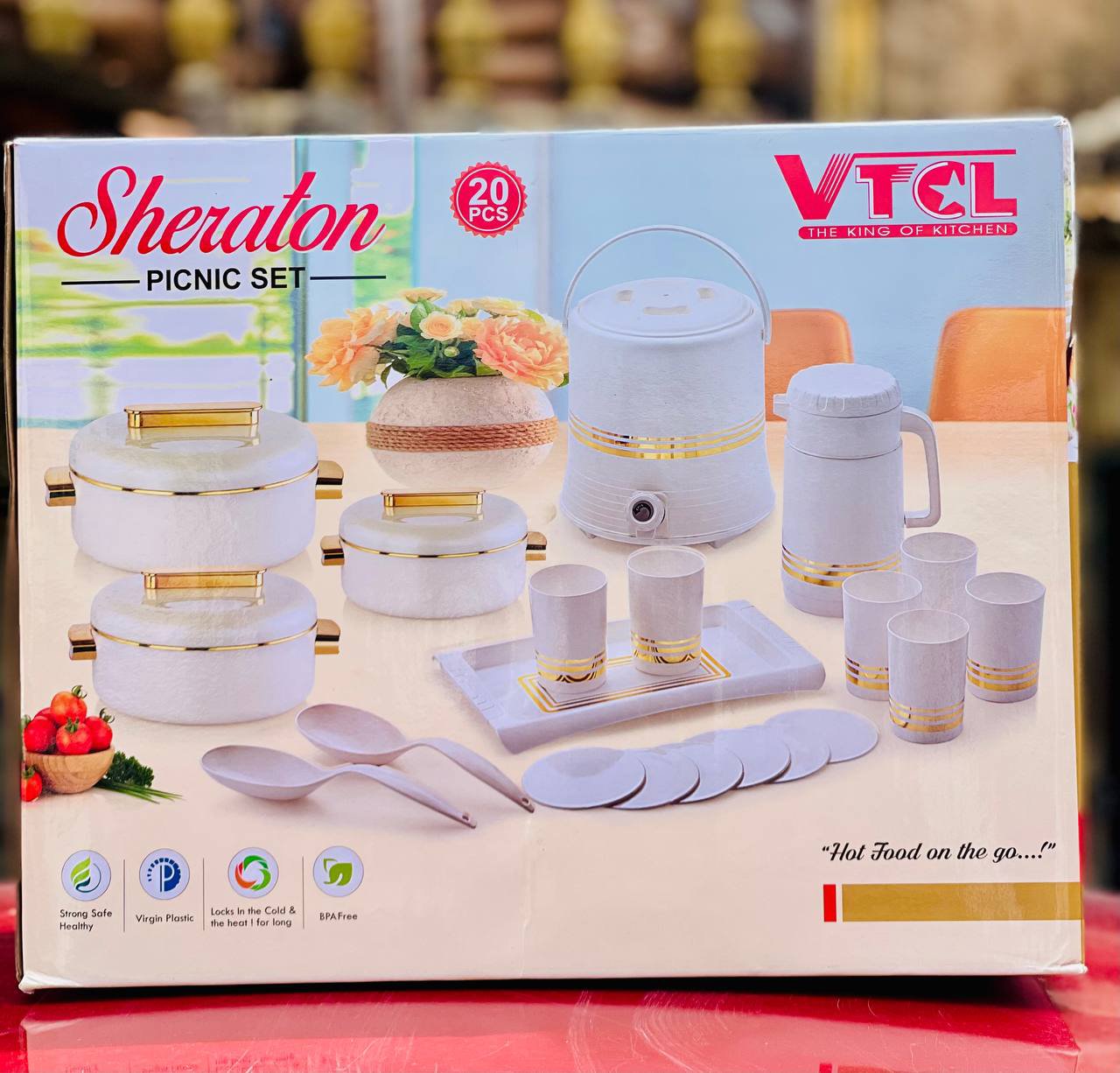 20pc Vtcl Sheraton set 

Sheraton hot pot - 3
Water jug 6L - 1
Glass cups - 6
Tea coaster - 6
Serving tray - 1
Serving spoon - 2
Flask (1L) - 1